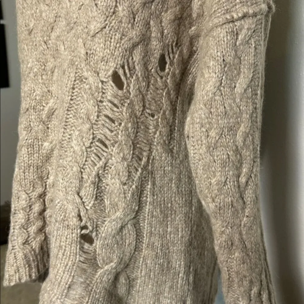Free Peoples Chunky Cable Knit Sweater Womens XS Alpaca Wool Distressed Crew Tan